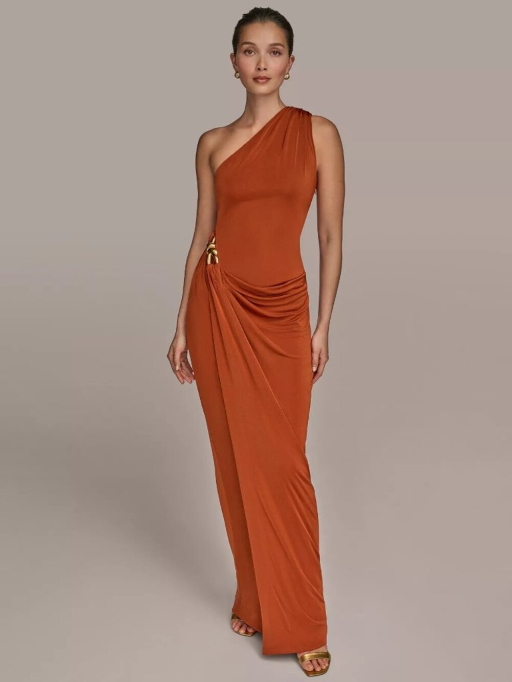 One-Shoulder Rust Draped Evening Dress